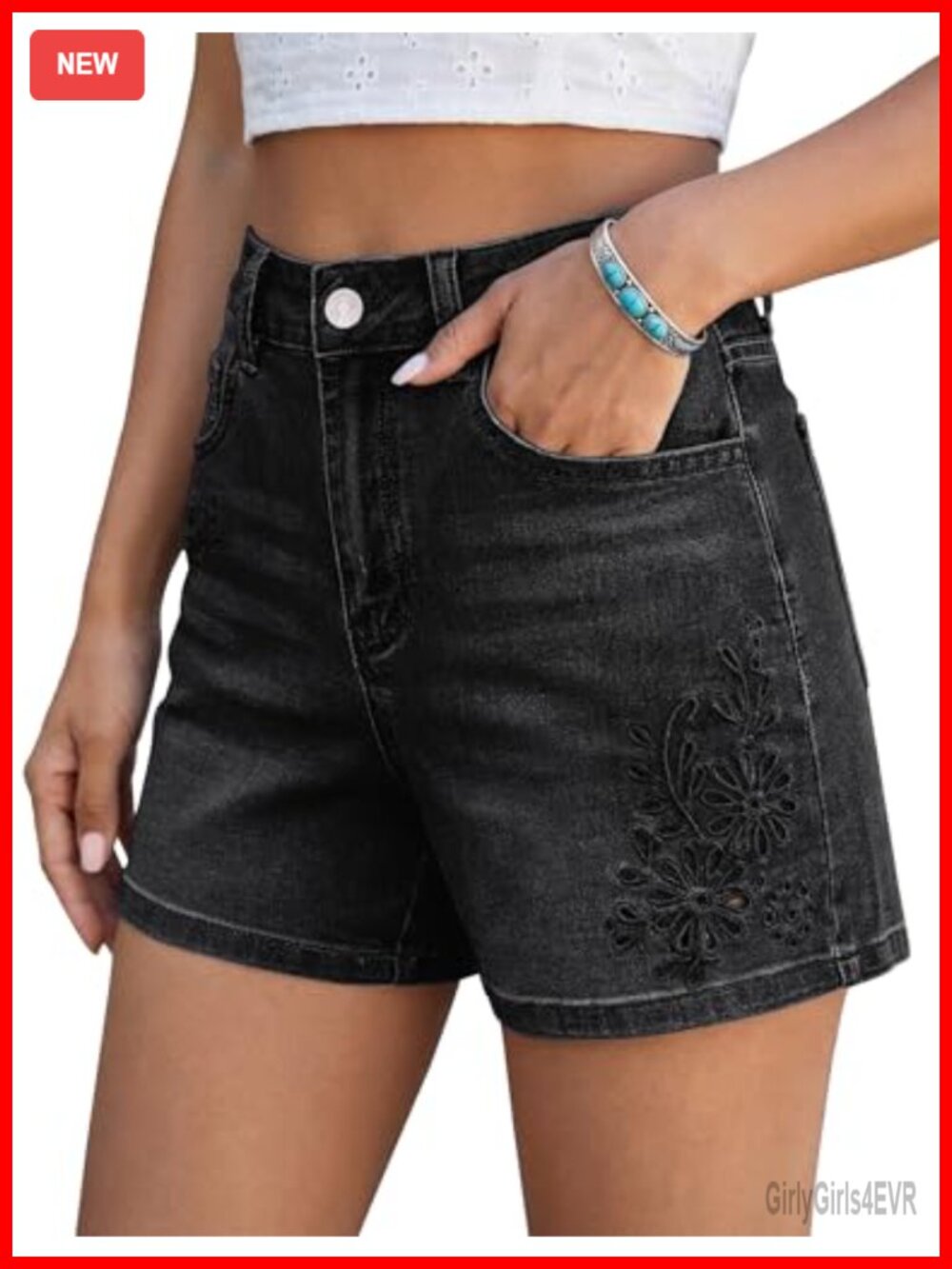 High Waisted Eyelet Embroidered Wide Leg Stretchy Denim Shorts Jorts